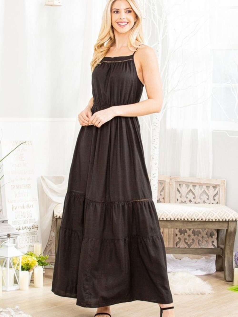 B83 SQUARE NECK WITH ADJUSTABLE SHOULDER STRAP SOLID MAXI DRESS Black NEW